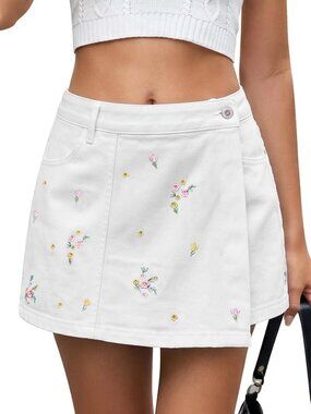Floral Embroidered Mini Jean Skirt Wrap Denim Skort for Women - Cute & Stylish